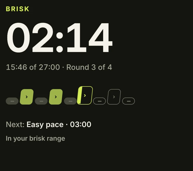 Detail of EasyBrisk’s active walk: Brisk, 02:14 remaining, and the next easy interval.