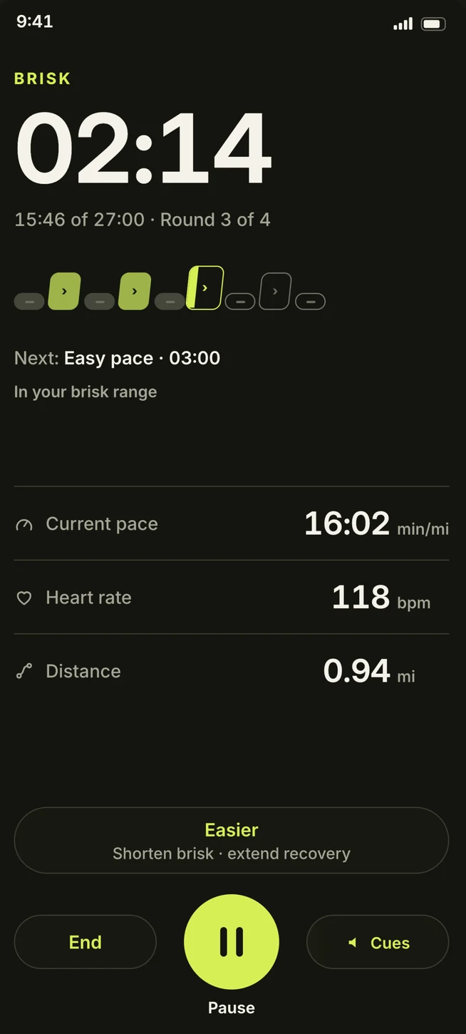 EasyBrisk’s active walk: Brisk, 02:14 remaining, the Rhythm Strip, next interval, measurements, and walk controls.