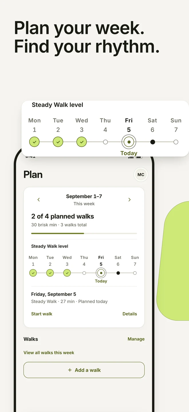 EasyBrisk’s published Plan preview with a weekly schedule and a planned walk.